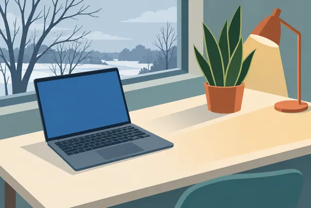 Ilustração de mesa com notebook, planta e luminária acesa diante de uma janela com paisagem de inverno.