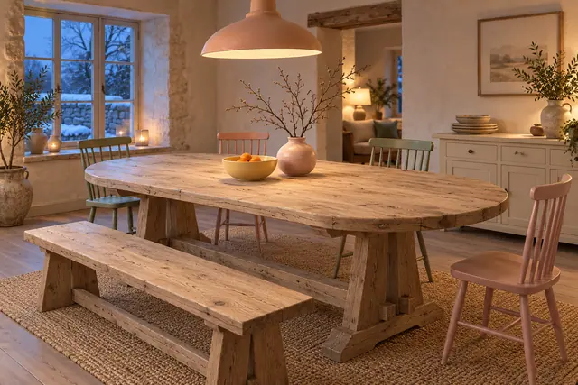 Sala de jantar com mesa rústica, banco, cadeiras pastel e vaso com galhos sob um pendente, com neve na janela.