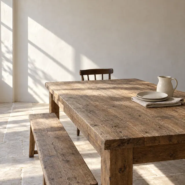 Mesa rústica com banco, cadeira, jarra e pratos de cerâmica sob luz lateral em uma sala de parede clara.