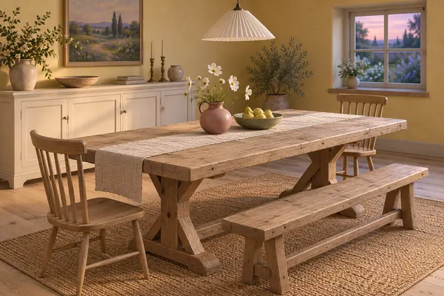 Sala de jantar com mesa rústica, banco de madeira, flores brancas e peras, iluminada suavemente ao entardecer.