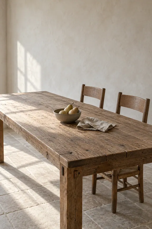 Mesa rústica com tigela de peras e guardanapo de linho, cadeiras de madeira e luz natural sobre parede clara.