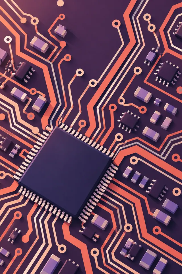 Ilustração de placa roxa com microchip, trilhas em coral e marfim e pequenos componentes eletrônicos em lavanda.