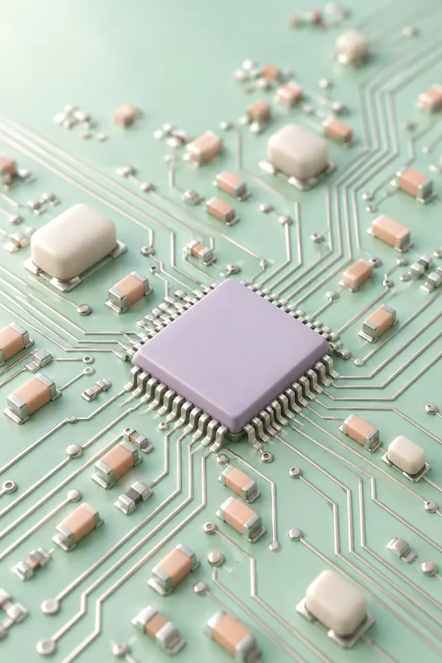 Microchip lilás sobre placa verde pastel, com trilhas prateadas e componentes em pêssego e marfim, em renderização 3D.