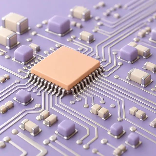 Microchip pêssego sobre placa lilás com trilhas prateadas e componentes claros em renderização 3D.