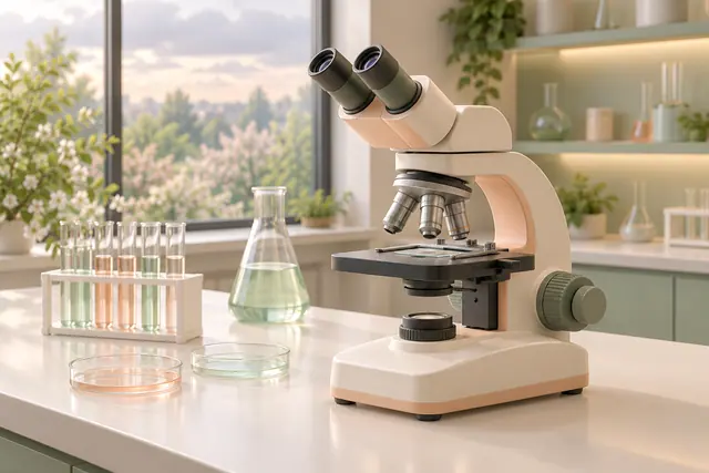 Microscópio em bancada com tubos de ensaio e placas de Petri, em laboratório 3D com tons pastel e luz suave.