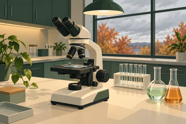 Microscópio em bancada com tubos de ensaio e frascos, diante de uma janela com árvores em tons de outono.