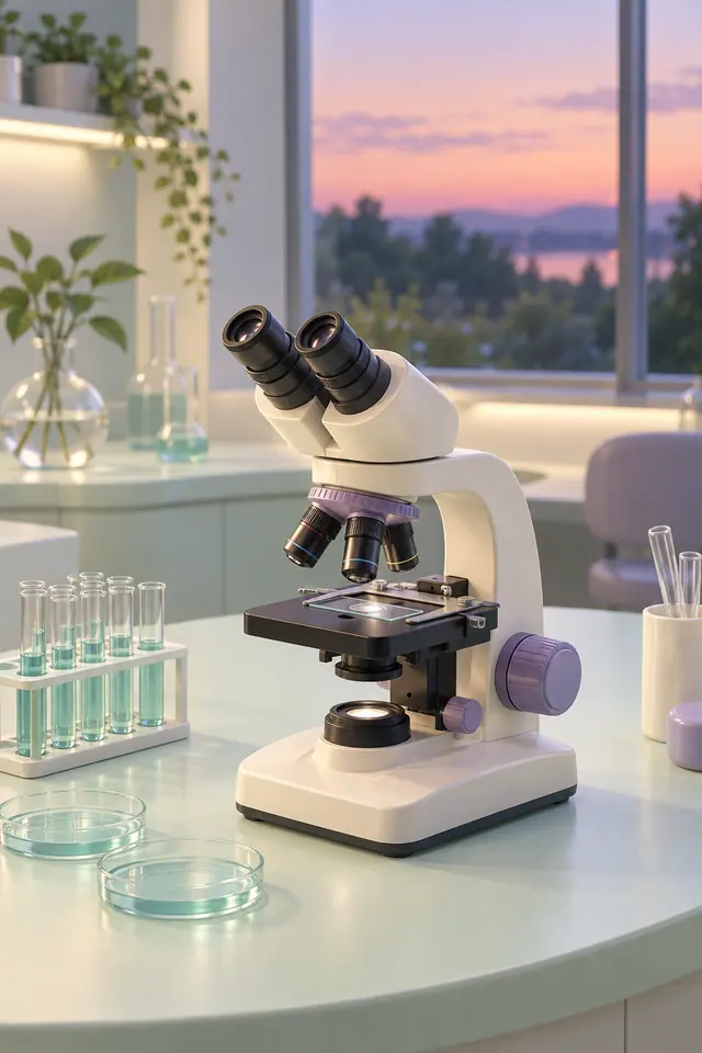 Microscópio branco e lilás em bancada com tubos de ensaio e placas de Petri, diante de uma janela com céu rosado.