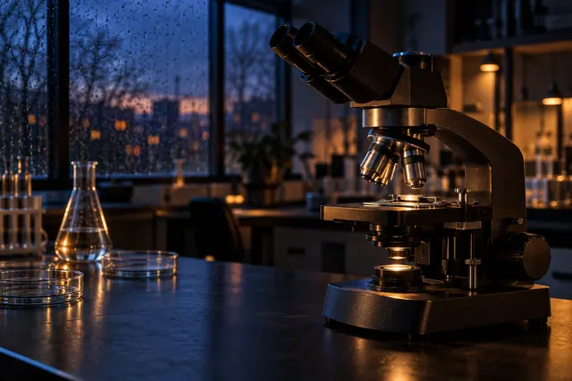 Microscópio em bancada de laboratório com luz âmbar, vidrarias e janela com gotas de chuva ao anoitecer.