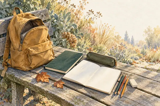 Aquarela de mochila ocre, cadernos, estojo e lápis sobre um banco de madeira em um jardim de outono.
