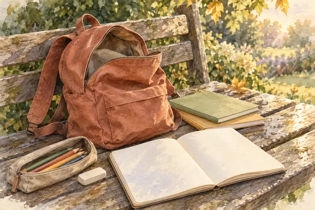 Aquarela de mochila terracota, cadernos e lápis sobre um banco de madeira em jardim com luz dourada.