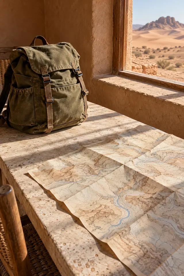 Mochila verde e mapa aberto sobre mesa de pedra junto a uma janela com vista para dunas e montanhas no deserto.