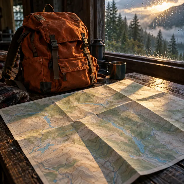 Mochila alaranjada e mapa sobre mesa de madeira, com luz dourada e floresta enevoada vista pela janela.