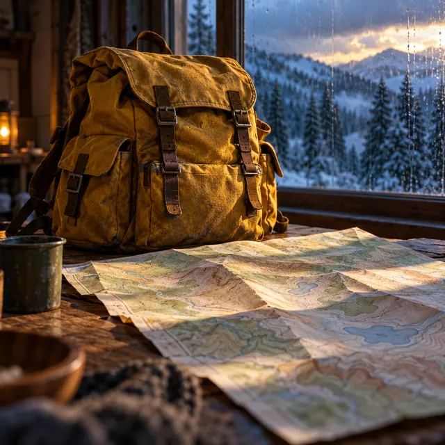 Mochila amarela e mapa sobre mesa de madeira, com floresta e montanhas nevadas pela janela ao pôr do sol.
