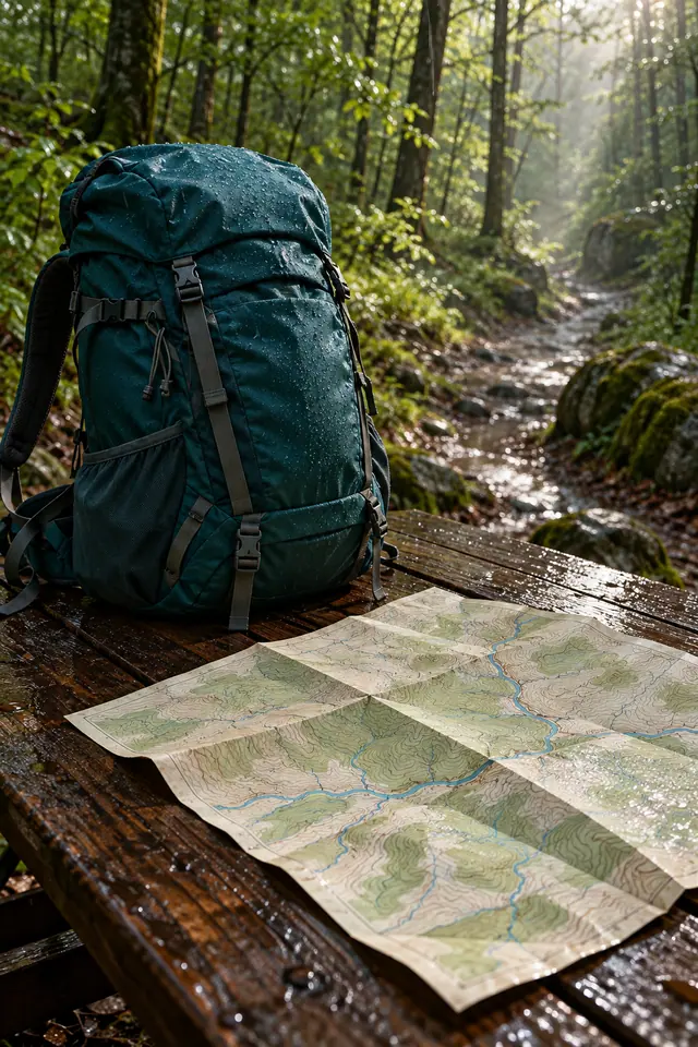 Mochila azul-petróleo e mapa sobre mesa molhada, com trilha na floresta iluminada por raios de sol ao fundo.