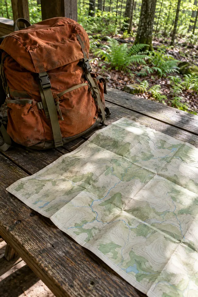 Mochila alaranjada e mapa aberto sobre mesa de madeira, com floresta e samambaias ao fundo.