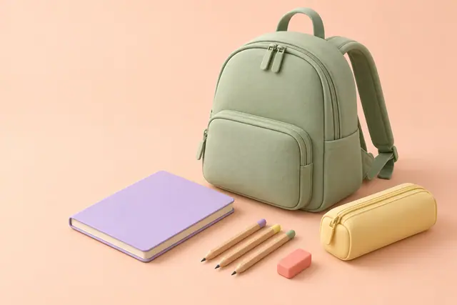 Mochila verde com caderno lilás, estojo amarelo, três lápis e borracha coral sobre fundo pêssego em 3D.