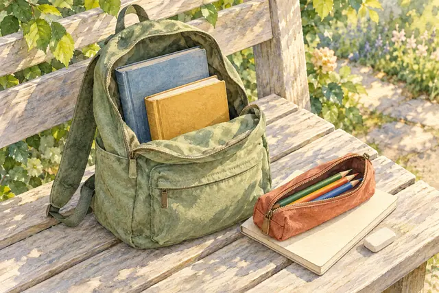 Aquarela de mochila verde com livros, estojo com lápis e caderno em um banco de madeira no jardim.