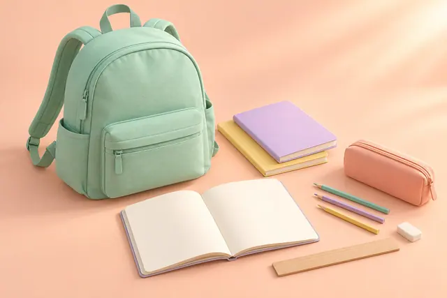 Mochila verde-menta com cadernos, estojo coral, lápis, borracha e régua sobre fundo pêssego em 3D.