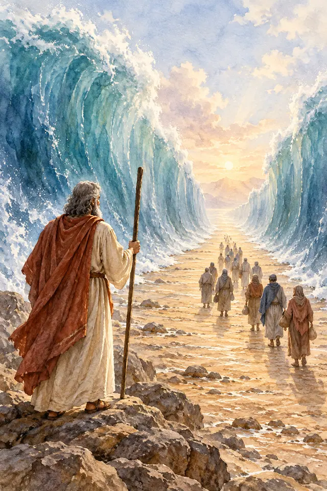 Moisés com cajado observa um grupo atravessar o Mar Vermelho entre paredes de água azul, em aquarela.
