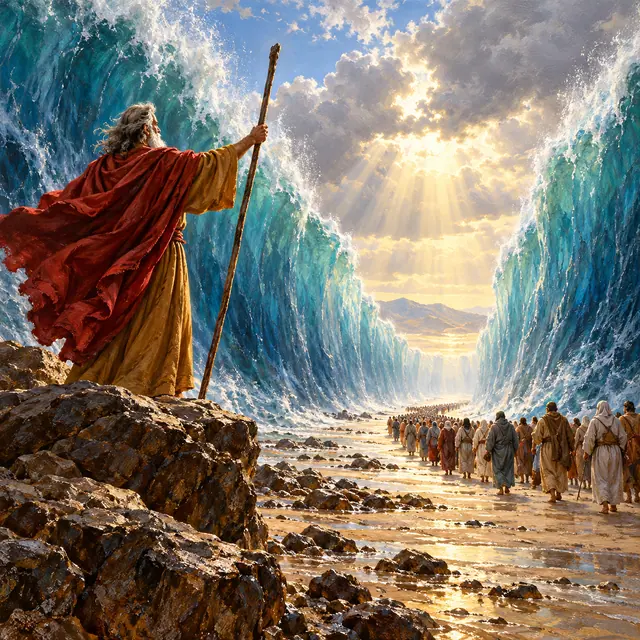 Moisés ergue o cajado enquanto o povo atravessa o Mar Vermelho entre paredes de água sob raios de luz dourada.