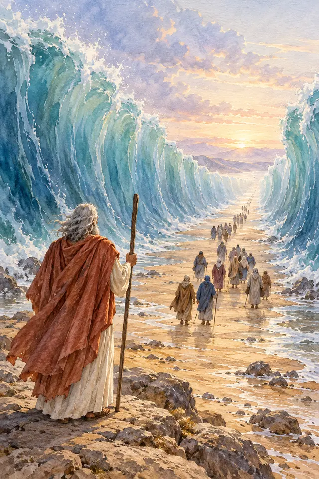 Aquarela de Moisés com cajado diante do Mar Vermelho aberto, com pessoas atravessando ao amanhecer.