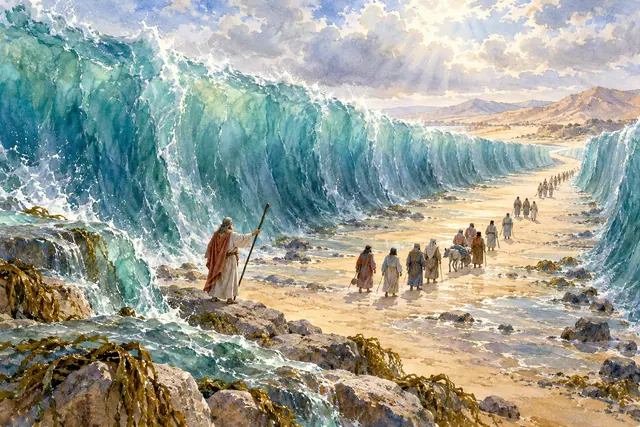 Aquarela de Moisés com cajado e um grupo atravessando o Mar Vermelho entre paredes de água turquesa.