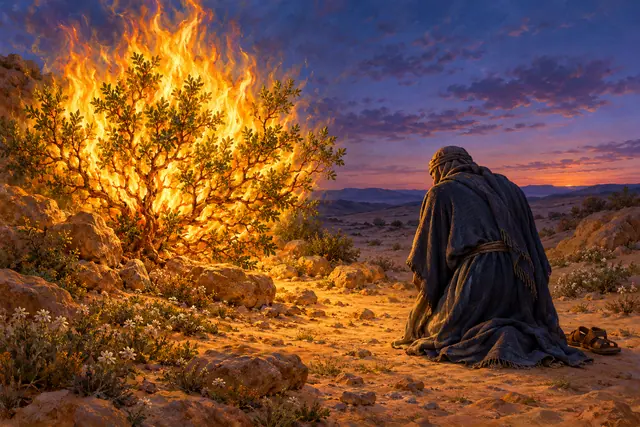 Moisés ajoelhado diante da sarça ardente no deserto, sob céu violeta, com flores e sandálias ao lado.