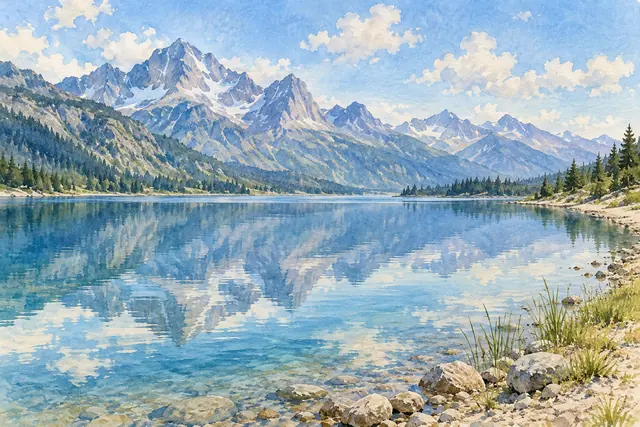 Aquarela de lago azul com reflexos de montanhas e nuvens, coníferas ao fundo e pedras e juncos na margem.