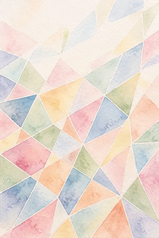 Mosaico de triângulos e quadriláteros em aquarela pastel sobre papel claro com textura visível.