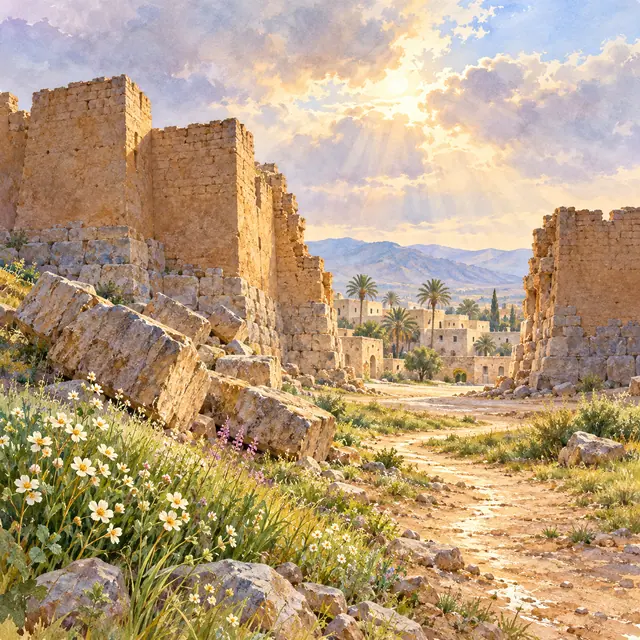 Aquarela das muralhas abertas de Jericó, com pedras caídas, flores e palmeiras sob raios de sol entre nuvens.