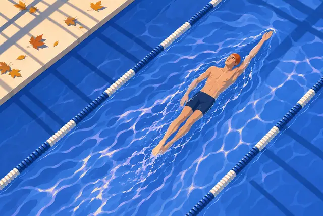 Nadador de touca laranja nada de costas em piscina azul vista de cima, com folhas de outono na borda.