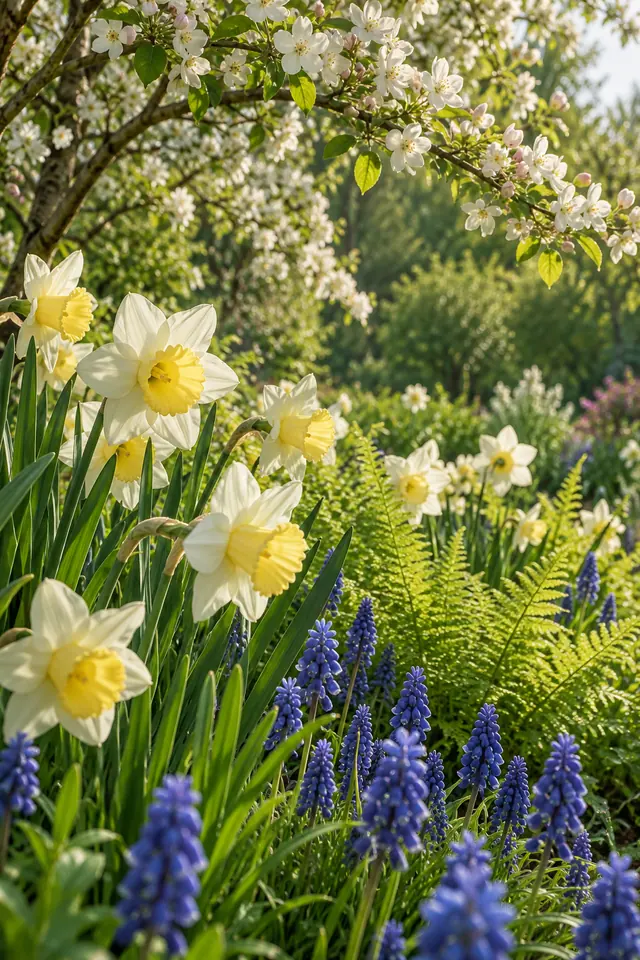 Narcisos brancos e amarelos, flores azuis e samambaias sob ramos floridos na luz da tarde de primavera.
