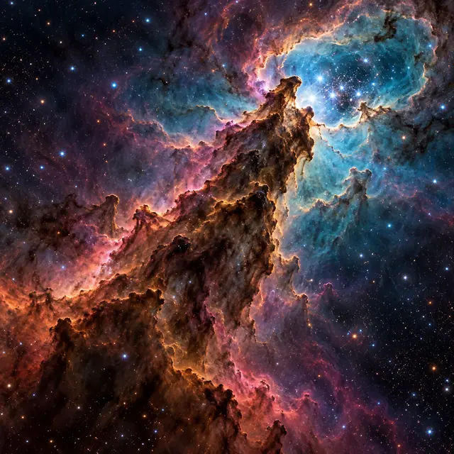 Nebulosa azul, rosa e cobre com pilares escuros de poeira e estrelas brilhantes em uma abertura no alto à direita.