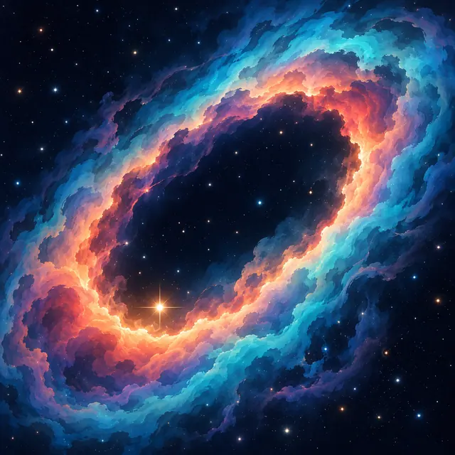 Nebulosa em anel com camadas azuis, turquesas e corais e uma estrela dourada sobre um fundo estrelado.