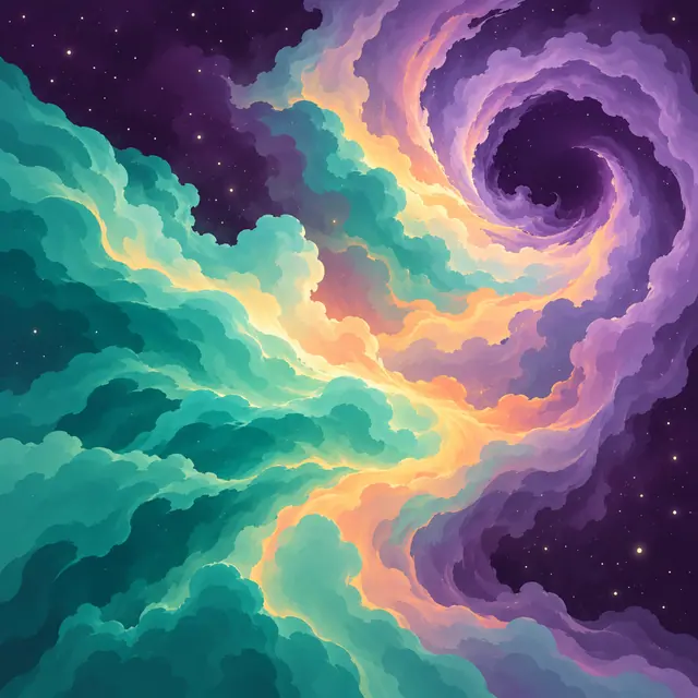 Nebulosa de nuvens turquesa e lilás com faixas douradas em espiral sobre um fundo roxo estrelado.