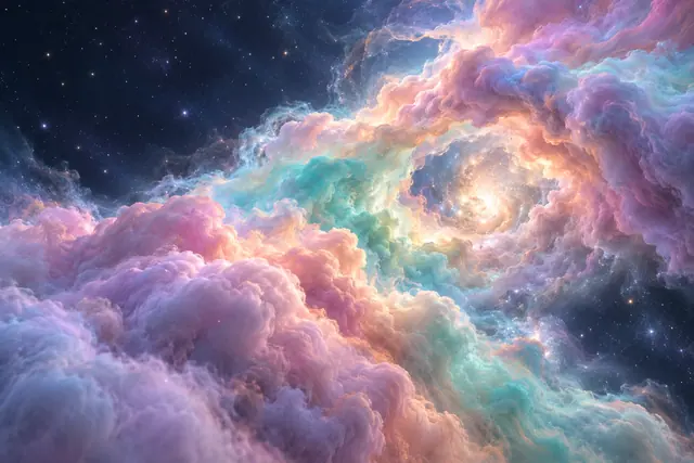 Nebulosa em rosa, lilás e turquesa forma um arco ao redor de um núcleo brilhante em um espaço estrelado.