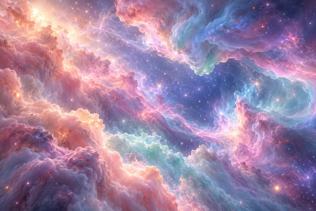 Nebulosa em tons pastel de rosa, lilás e azul, com nuvens volumosas e estrelas brilhantes ao fundo.