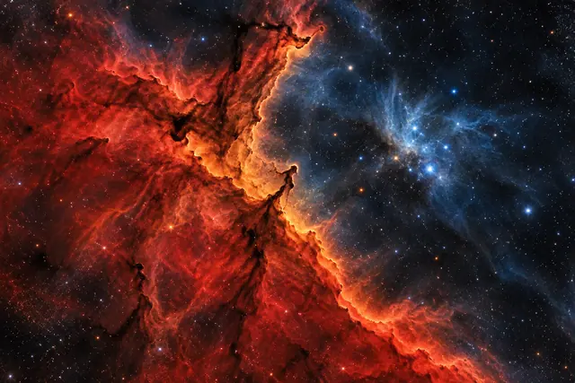 Nebulosa com nuvens vermelhas e alaranjadas, faixas escuras de poeira e filamentos azuis entre estrelas.