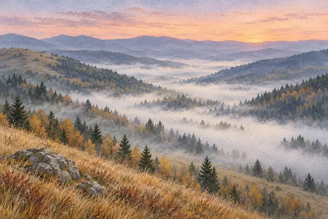 Aquarela de vale com névoa, colinas arborizadas, árvores douradas e capim seco sob o céu rosado do amanhecer.