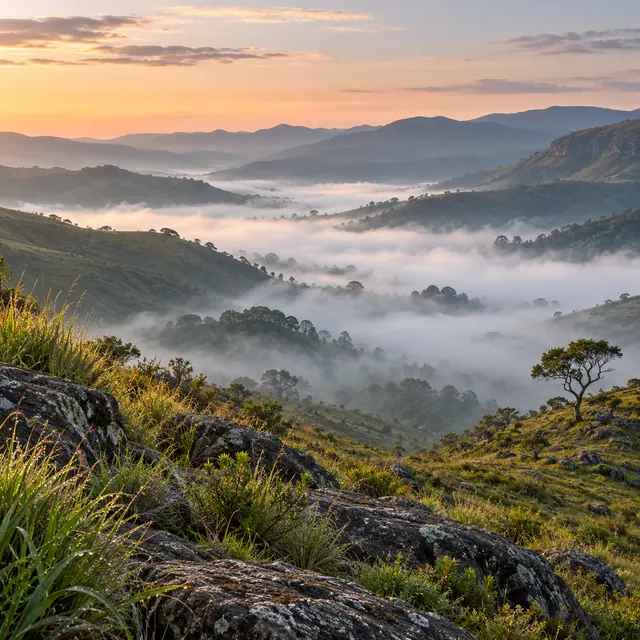 Névoa cobre um vale entre colinas verdes ao amanhecer, com rochas, capins e uma árvore em primeiro plano.