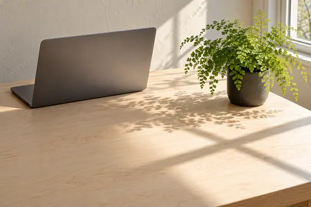 Notebook e avenca em vaso escuro sobre mesa de madeira clara, com luz do sol e sombras das folhas e da janela.