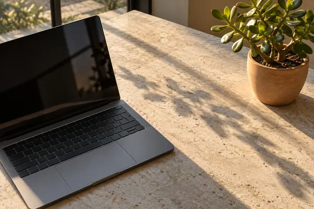 Notebook aberto e planta jade em vaso de terracota sobre mesa de pedra clara com luz dourada e sombras longas.