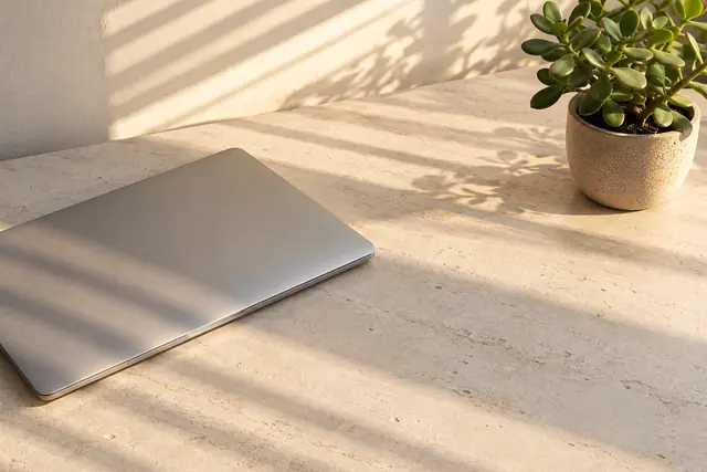 Notebook prateado fechado e planta-jade sobre mesa de pedra clara, com faixas de sol e sombras da manhã.