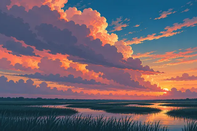 Nuvens em coral e violeta iluminadas pelo pôr do sol sobre canais de água e vegetação de um alagado.
