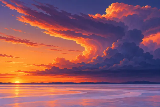 Nuvens violetas e alaranjadas ao pôr do sol sobre uma planície de sal com reflexos dourados e montanhas ao fundo.