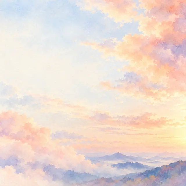 Aquarela de nuvens rosadas ao amanhecer sobre montanhas com névoa, com céu claro e espaço para mensagens.
