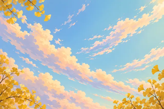 Ilustração de céu azul com nuvens em tons pastel e galhos de ginkgo com folhas douradas nas bordas.