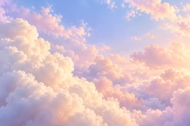 Nuvens volumosas em tons de rosa, creme e lilás sob um céu azul pastel com luz suave da manhã.