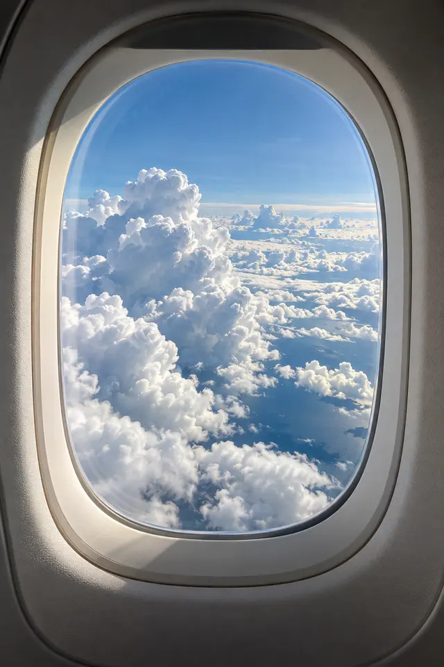 Janela oval de avião com vista para grandes nuvens brancas sobre o oceano azul, iluminadas pela luz do dia.