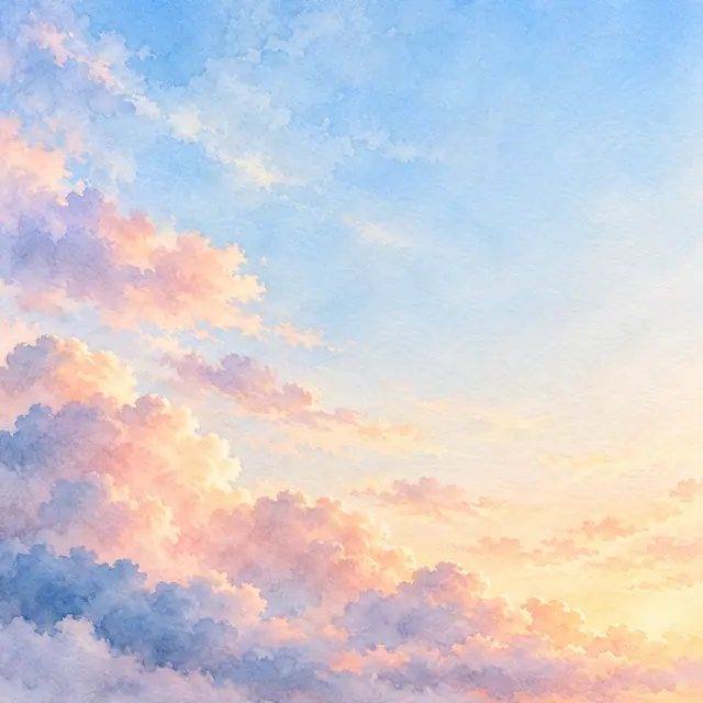 Aquarela de céu azul-claro com nuvens rosadas e lilases ao amanhecer e espaço livre para mensagens.